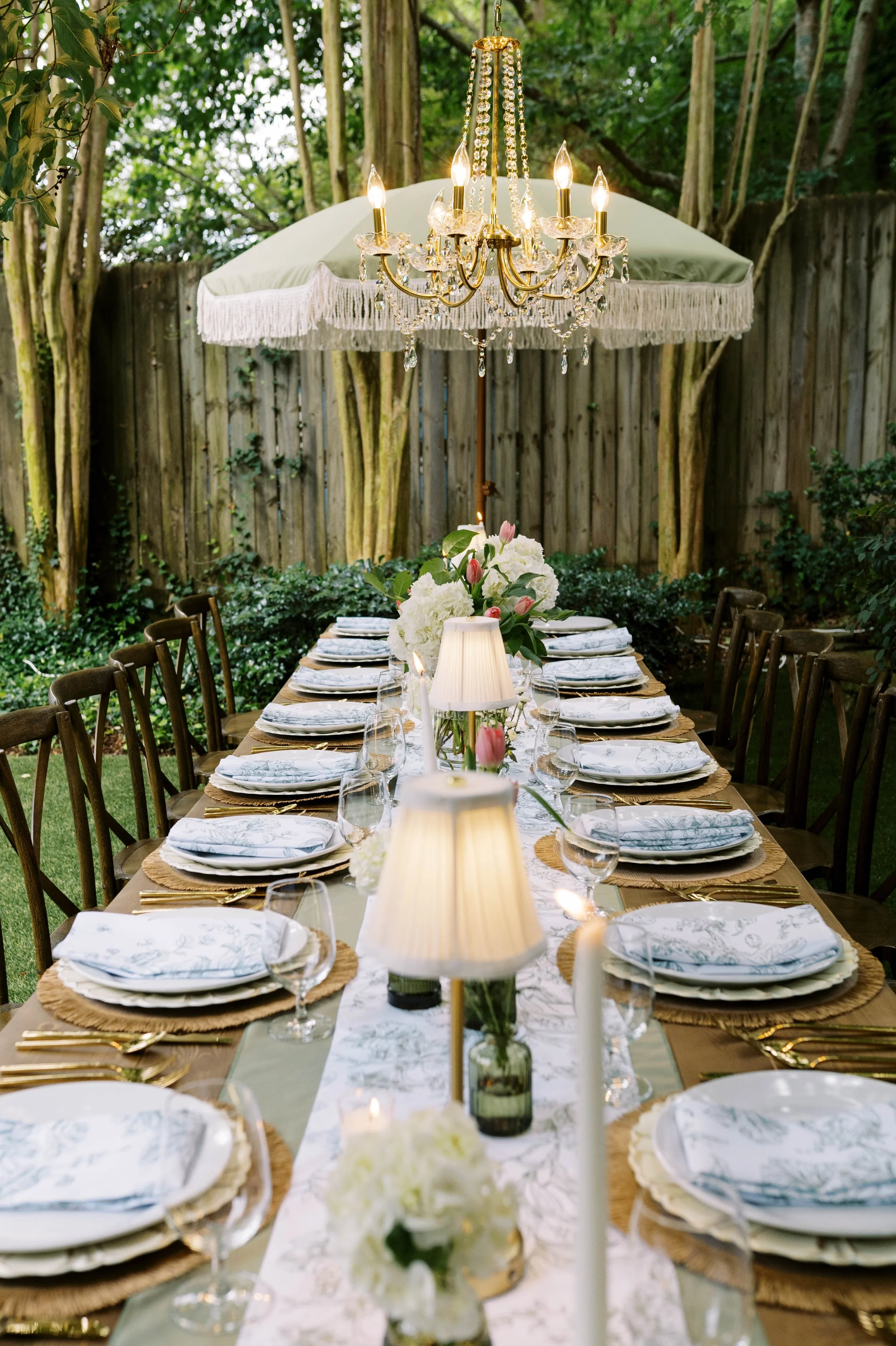 Garden party table setting with crossback chairs — Decatur event rentals