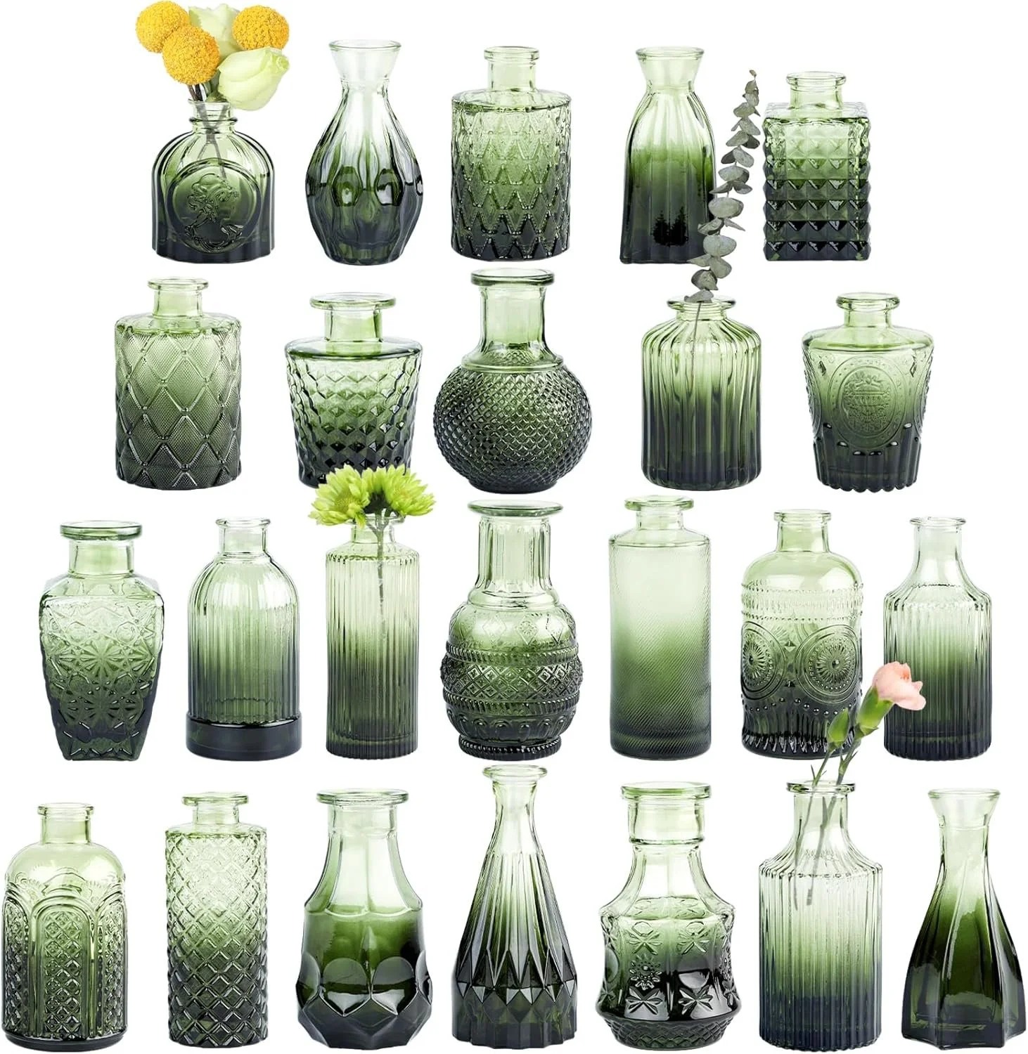 Vintage Style Glass Bud Vase Set of 24 - Green
