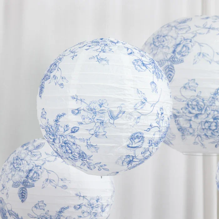 French Toile Paper Lanterns - White with Blue Floral Design (Set of 8)
