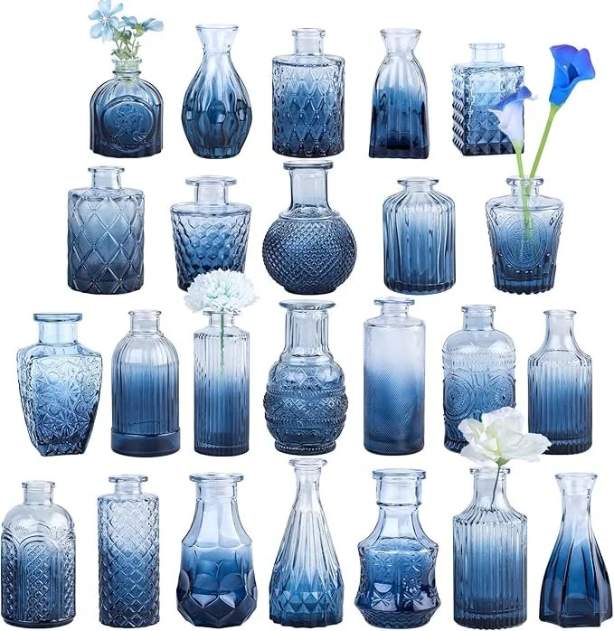 Vintage Style Glass Bud Vase Set of 24 - Blue