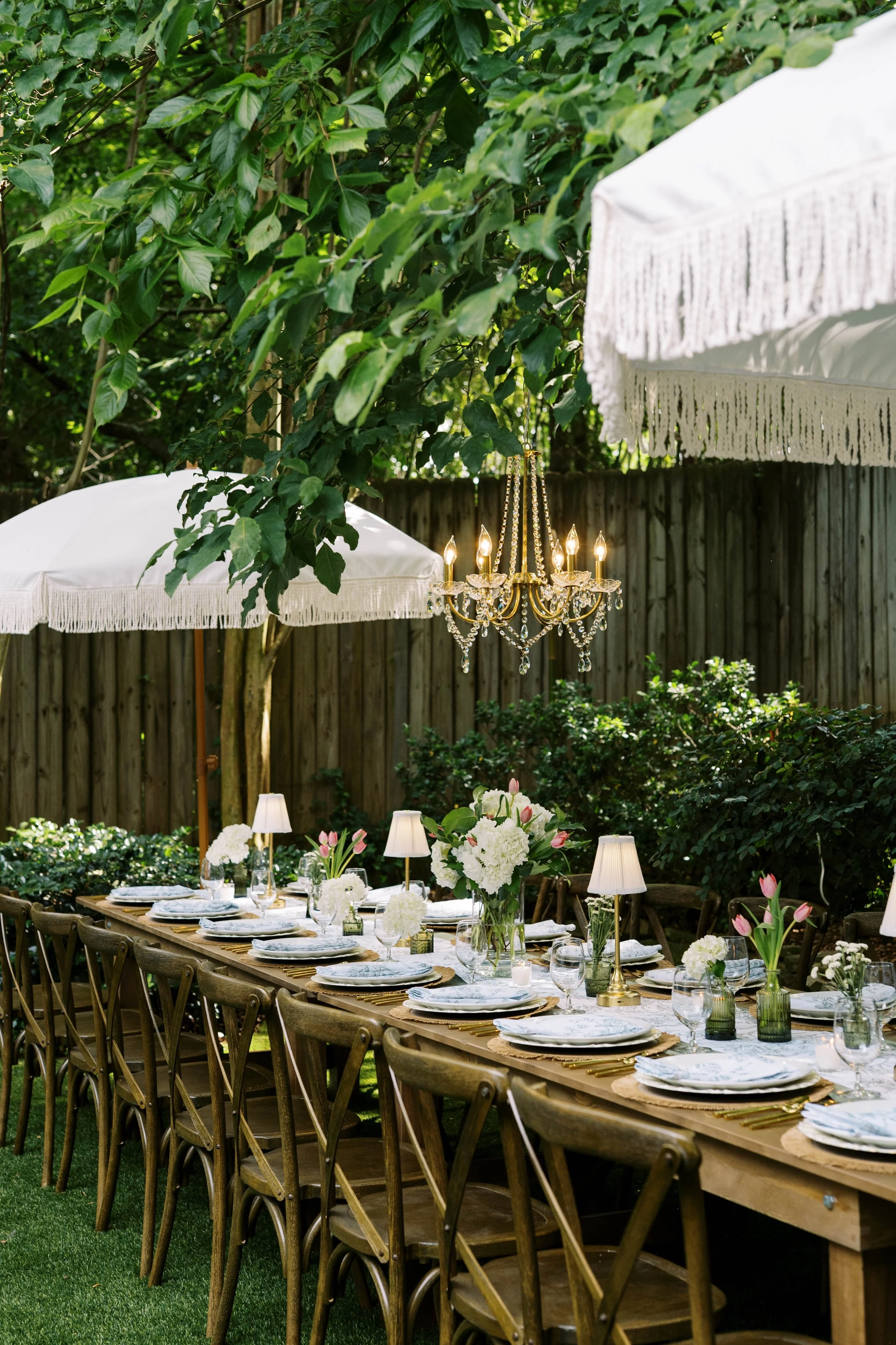 Bridal shower tablescape with vintage glassware and floral accents — event rentals Atlanta