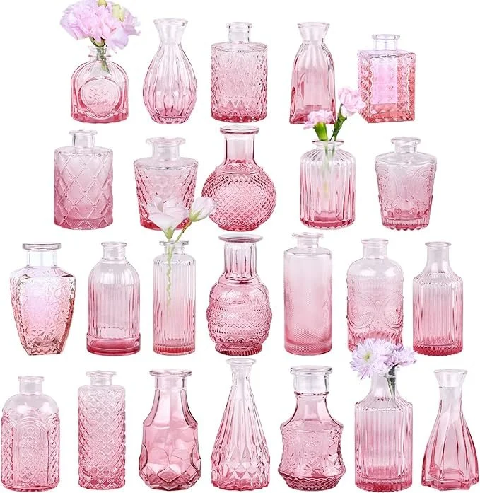 Vintage Style Glass Bud Vase Set of 24 - Pink