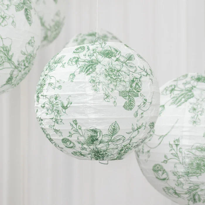 French Toile Paper Lanterns - White with Sage Green Floral Design (Set of 8)