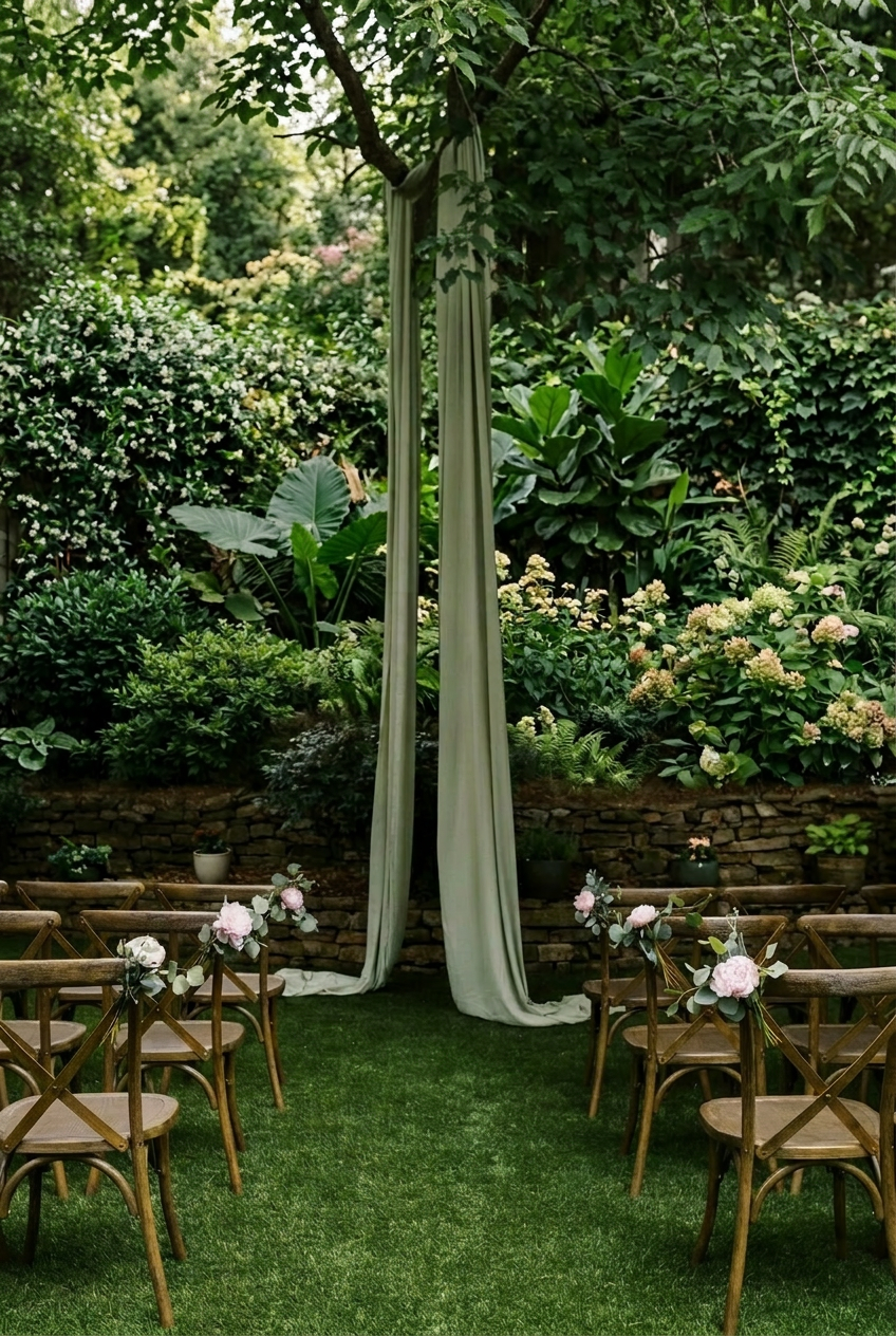 An outdoor wedding ceremony setup with wooden chairs decorated with pink and white flowers, facing a fabric draped arch in a lush garden with green foliage and flowering plants. Boutique small event rentals in Decatur and Atlanta, GA.