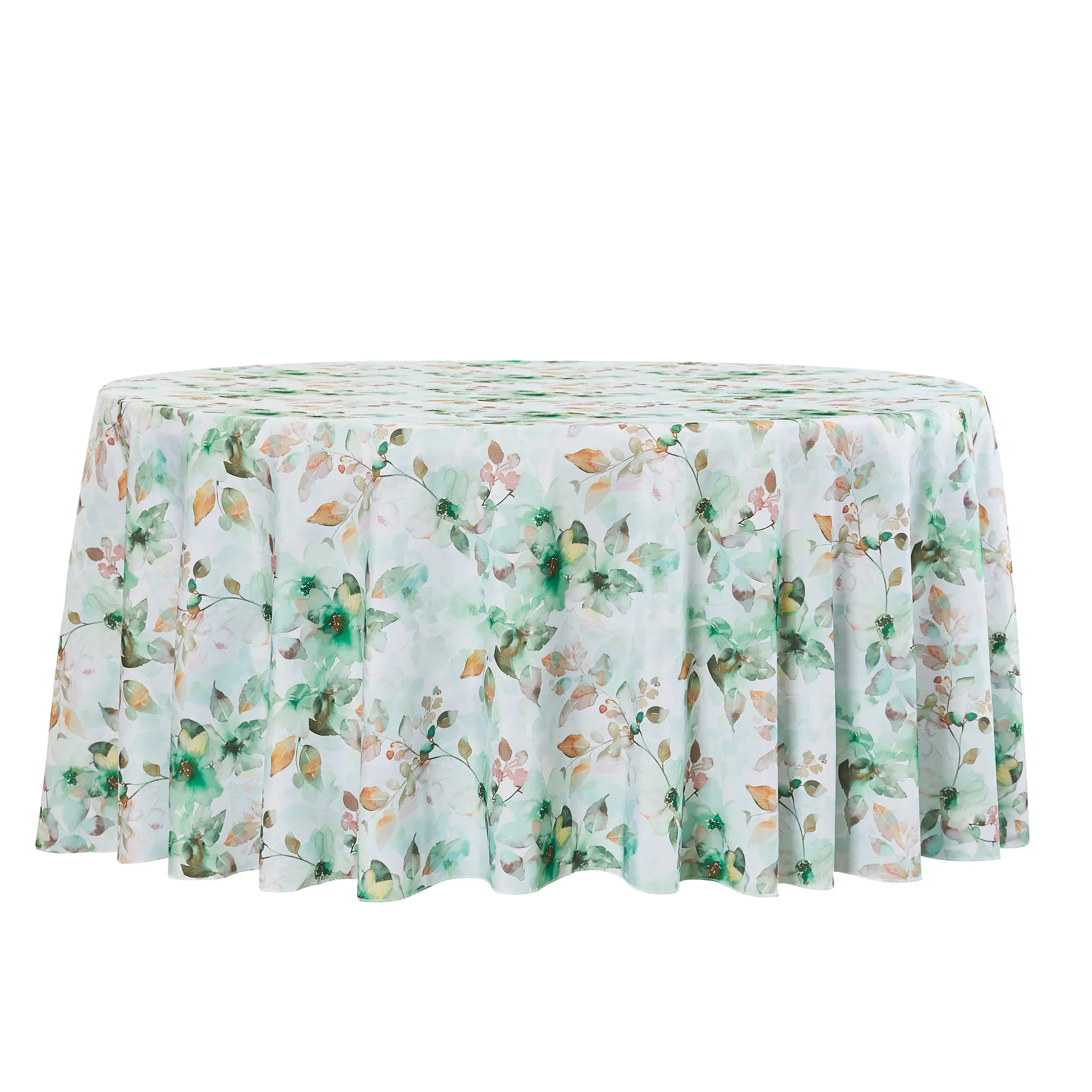 120'' Round Tablecloth - Green Floral Watercolor Pattern