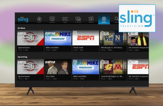 Smart TV displaying sports channels and shows from Sling TV, with a Sling TV logo in the top right corner.