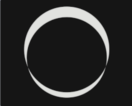 A white crescent moon over a white ring on a black background.