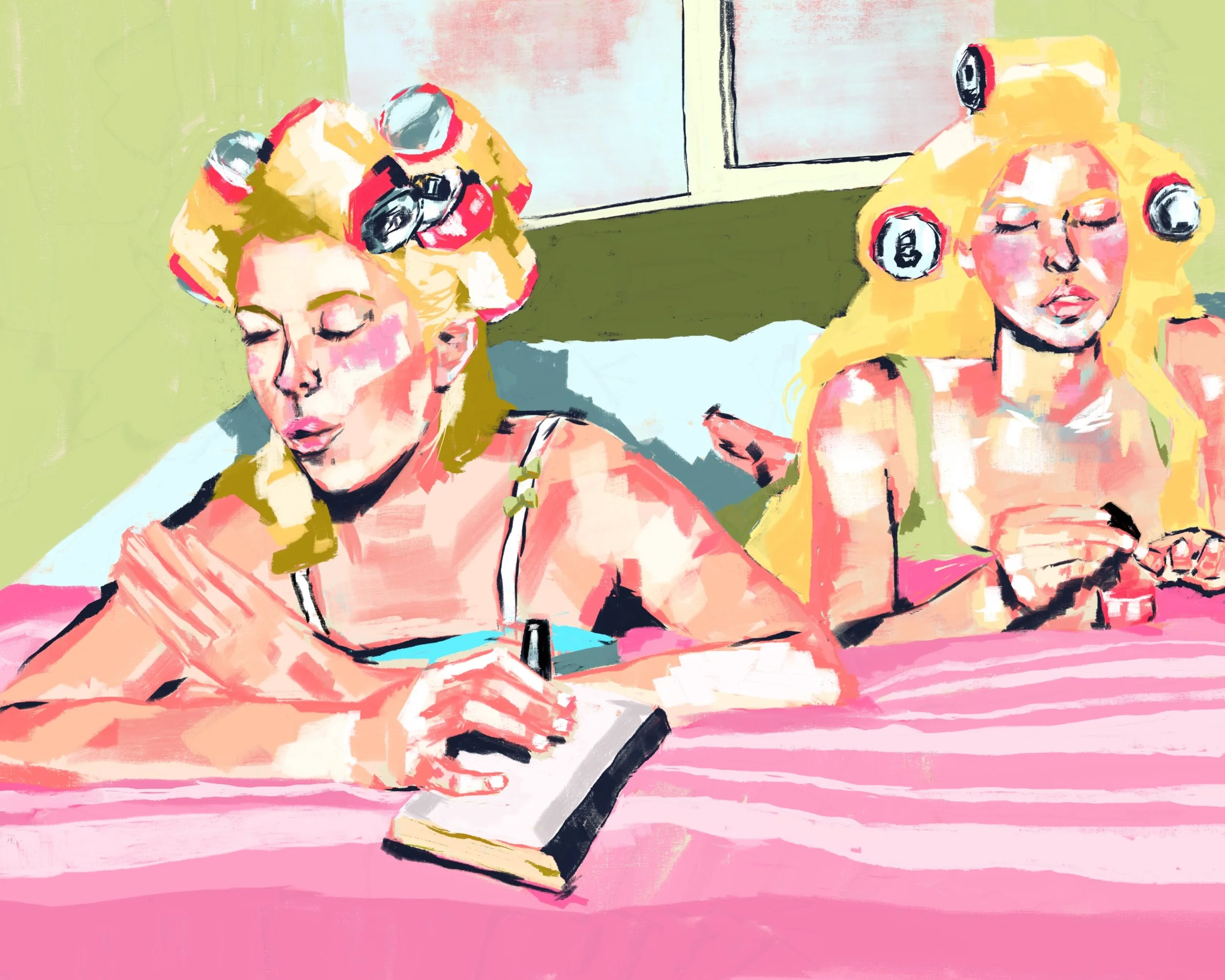 An artistic depiction of a woman with blonde hair, with her eyes closed, reading a book with a colorful abstract background and a pink surface in the foreground.
