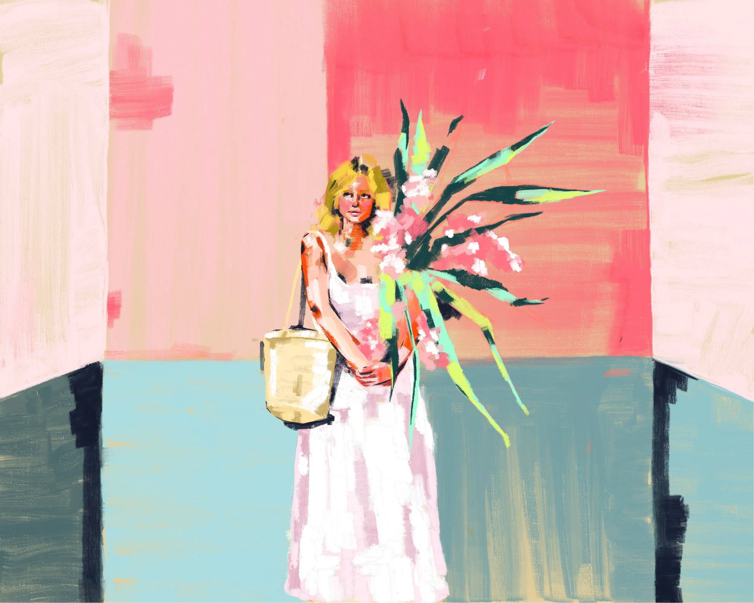 An abstract painting of a woman with blonde hair holding a bouquet of pink flowers, with a vignette background of pink, green, and beige hues.