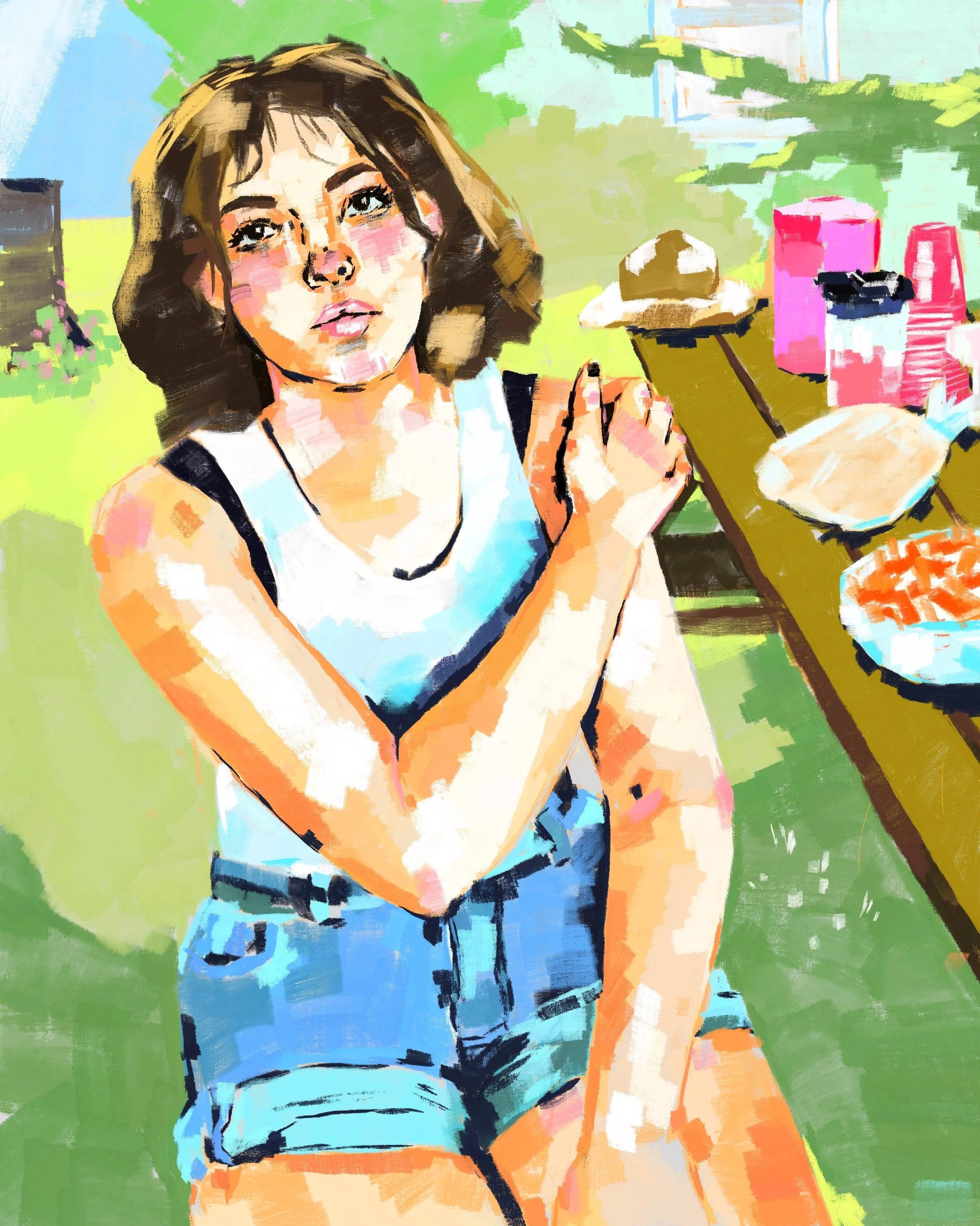 A stylized, colorful painting of a young woman with short brown hair, wearing a white tank top and denim shorts, standing outdoors on a sunny day with green trees and a blue sky in the background, and a table with pink cups and a plate with a piece o