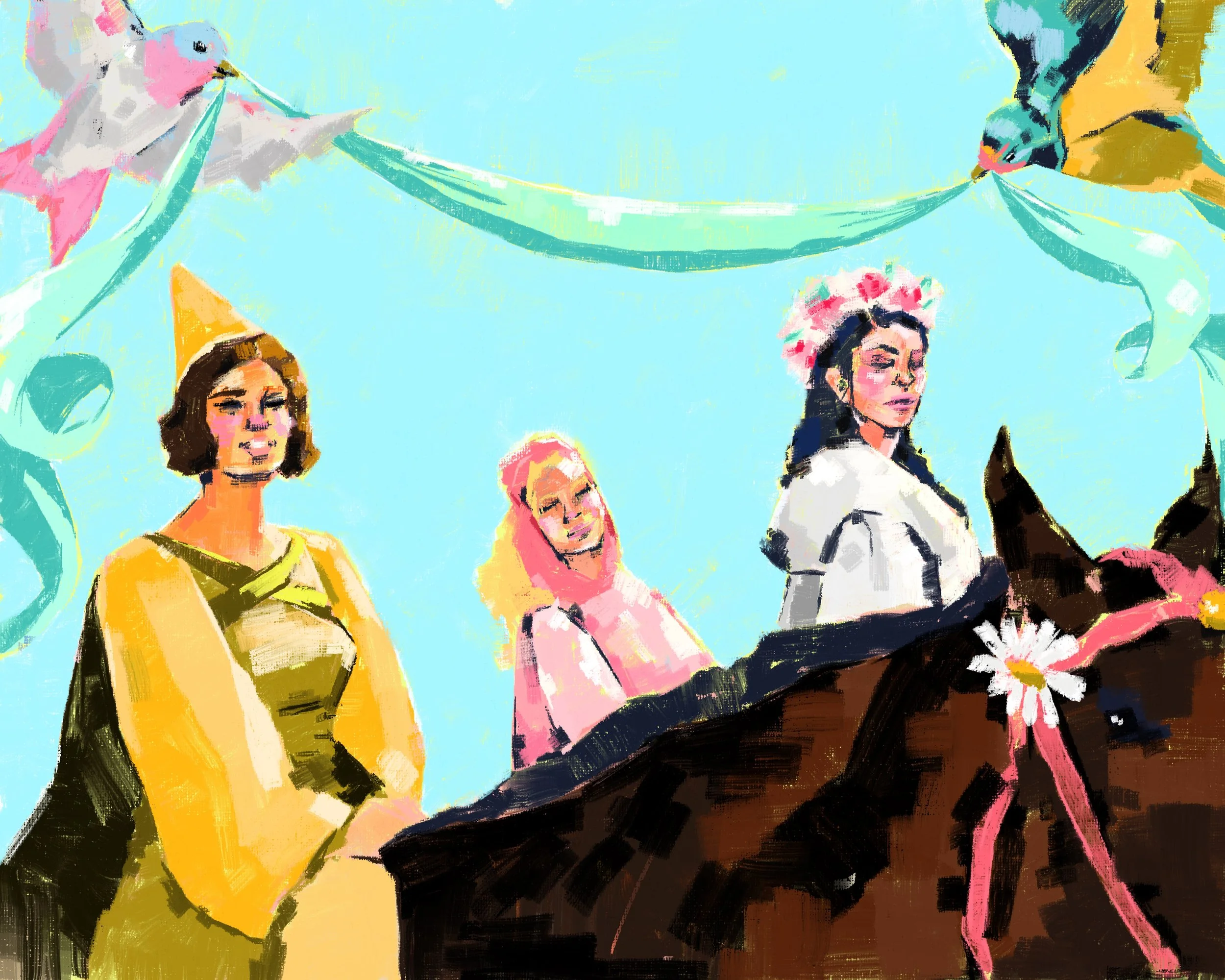 Digital painting of women, some wearing flowers on their heads, with colorful backgrounds.