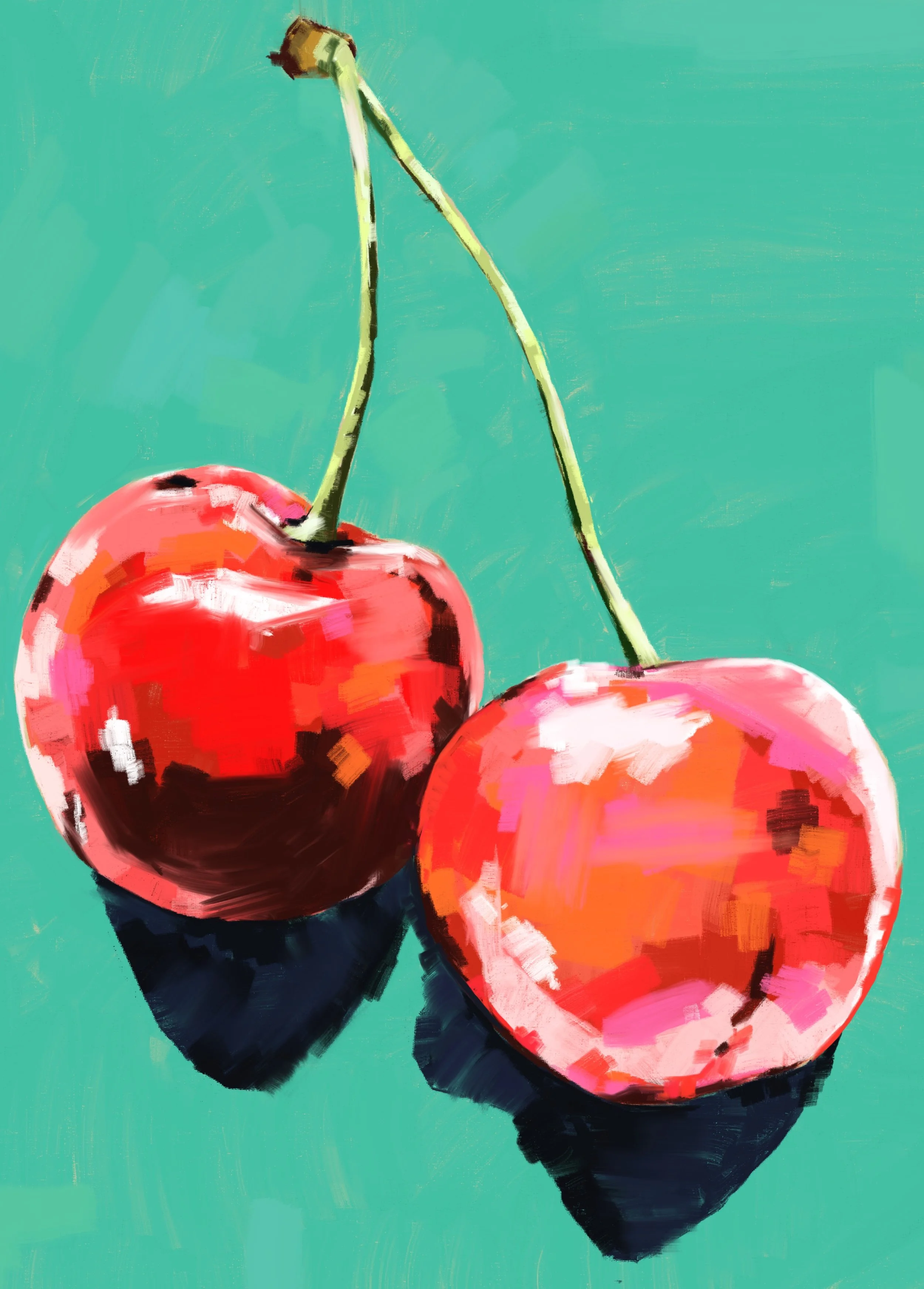 Painting of three cherries on a teal background, with bold, expressive brushstrokes.