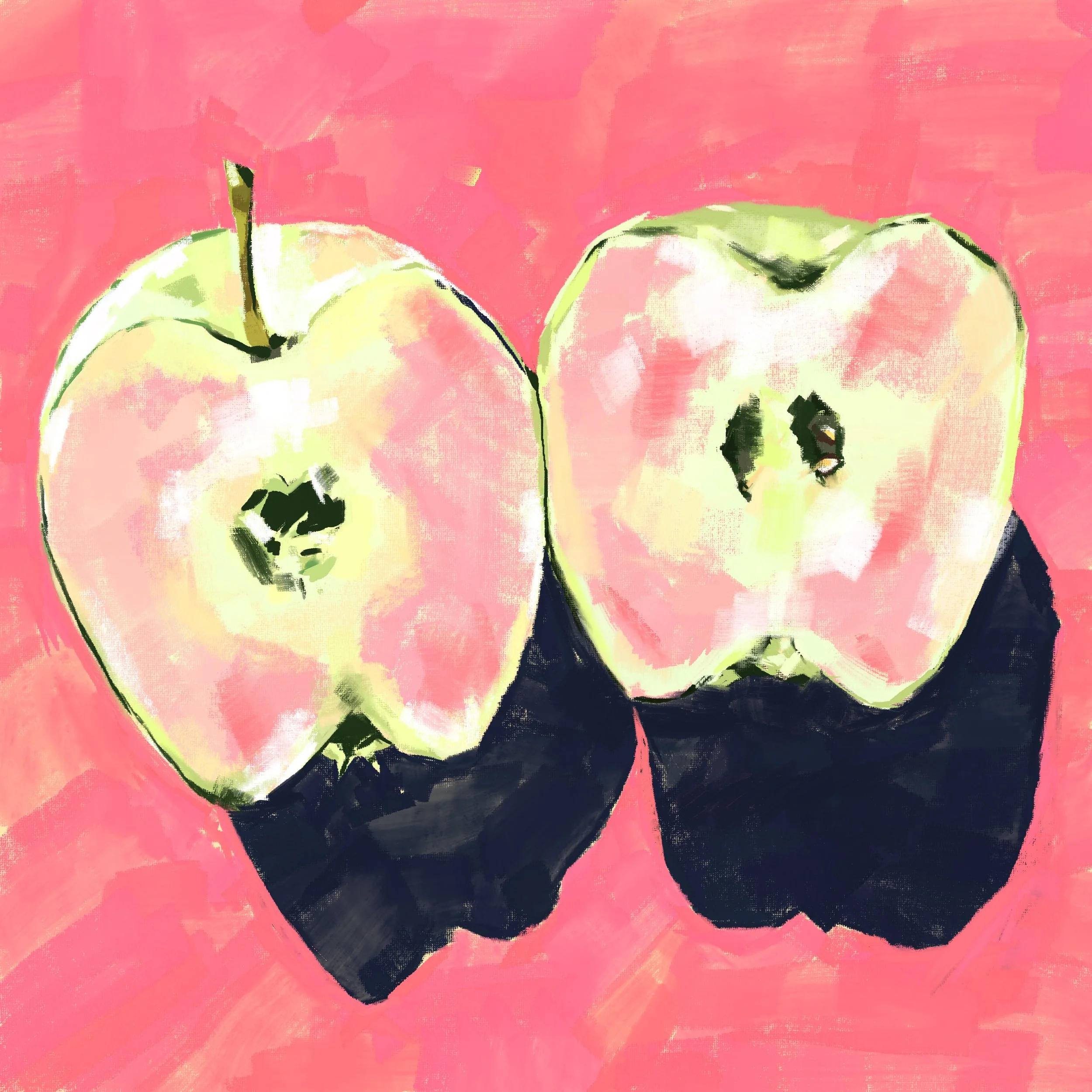 Close-up of three green apples with light green and white highlights on a pink background, painted in an expressive, impressionistic style.