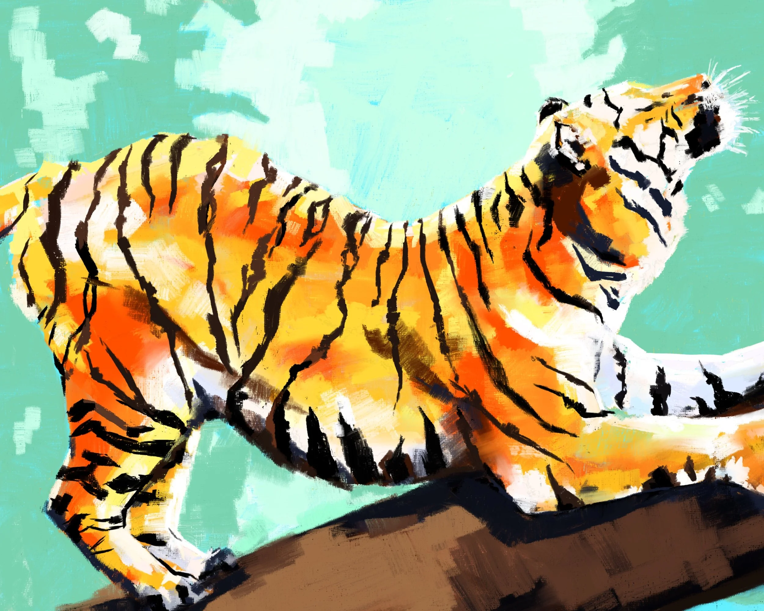 A colorful painting of a tiger with orange, white, and black stripes sitting on a surface with a teal background.