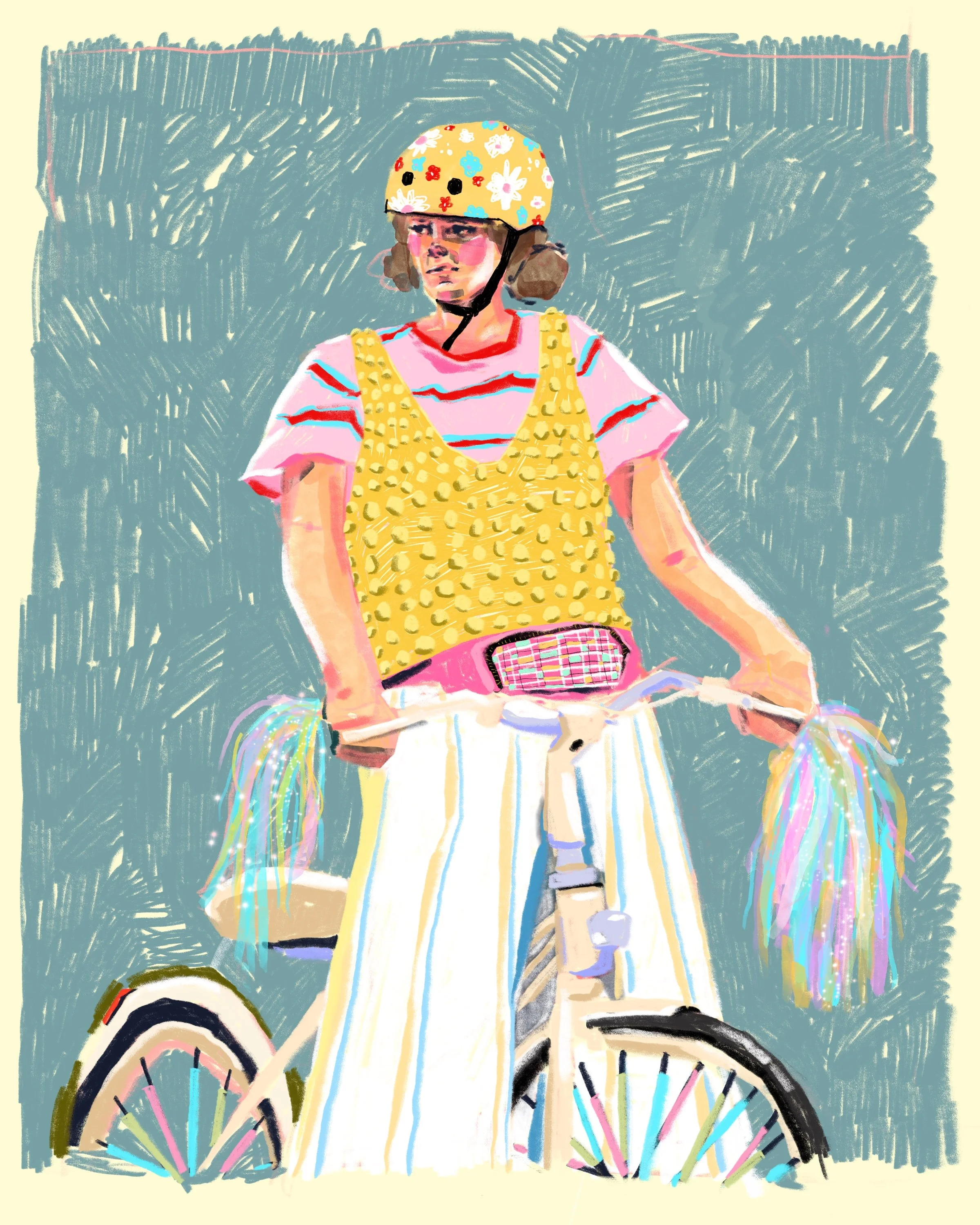 A young girl wearing a yellow helmet with floral patterns, pink cheeks, and a pink and blue striped t-shirt, standing on a bicycle with rainbow-colored wheels.