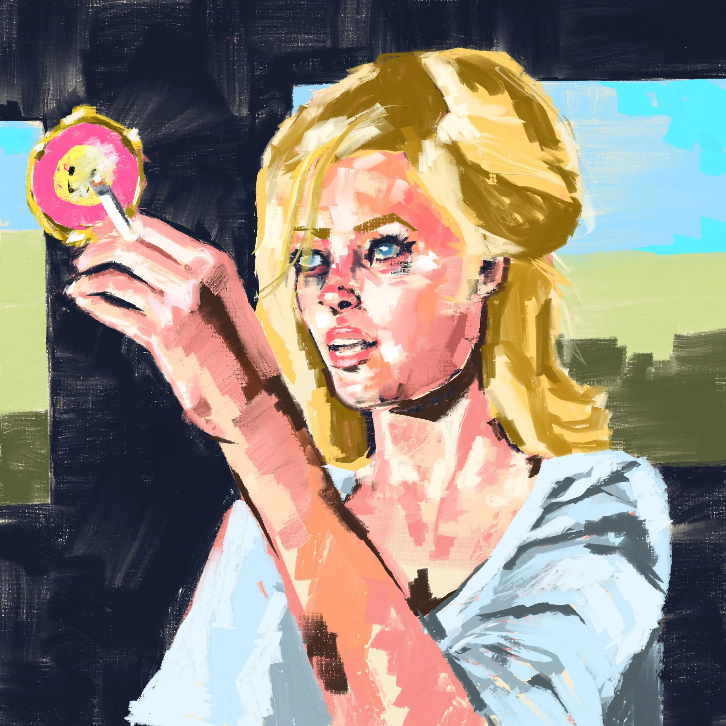 Digital painting of a woman with blonde hair, blue eyes, holding a yellow phone with a pink case, against a colorful abstract background.