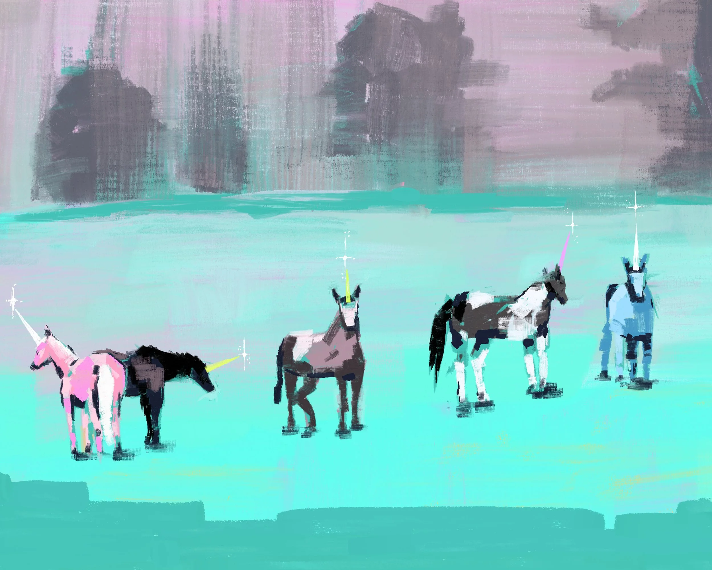 A digital drawing of a herd of horses standing on the ground with a colorful, abstract background featuring pink, purple, and teal hues.