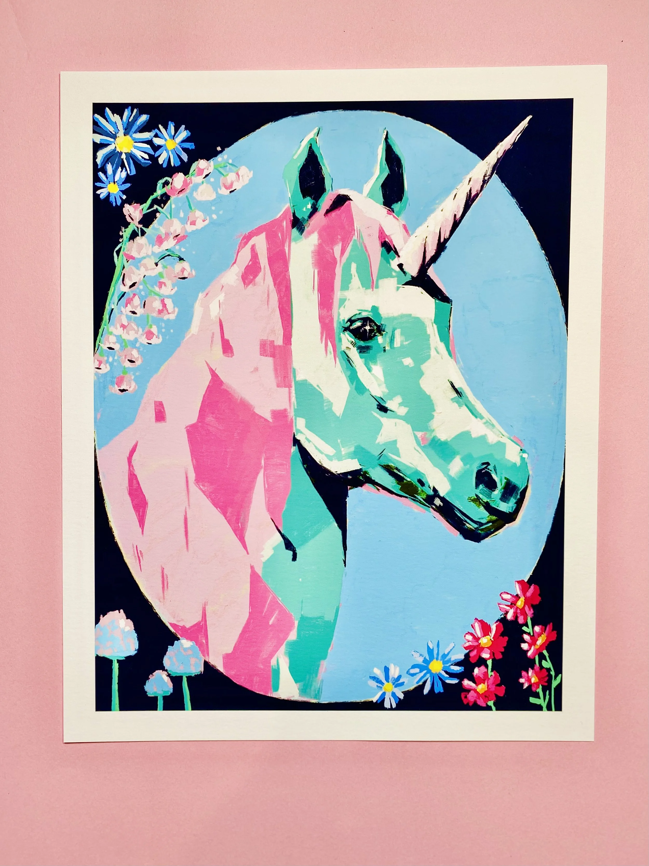 Fantasy Unicorn Art Print - Framed by Flowers & Mushrooms