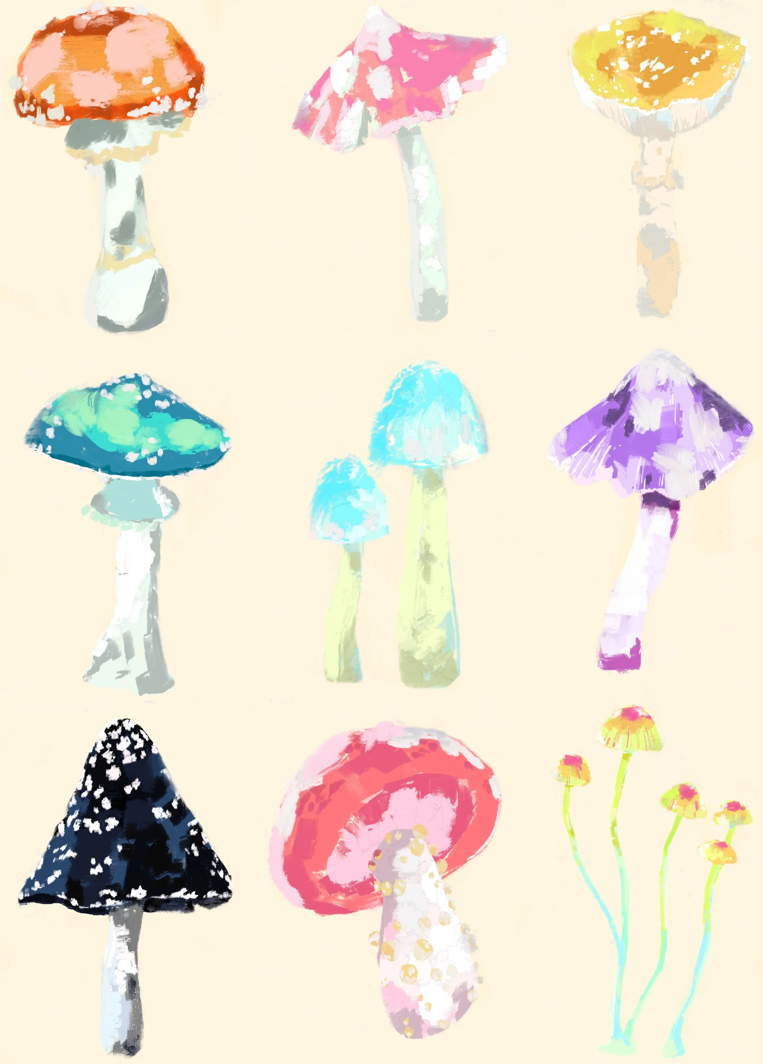 Collection of colorful illustrations of mushrooms with various shapes, sizes, and colors on a light background.