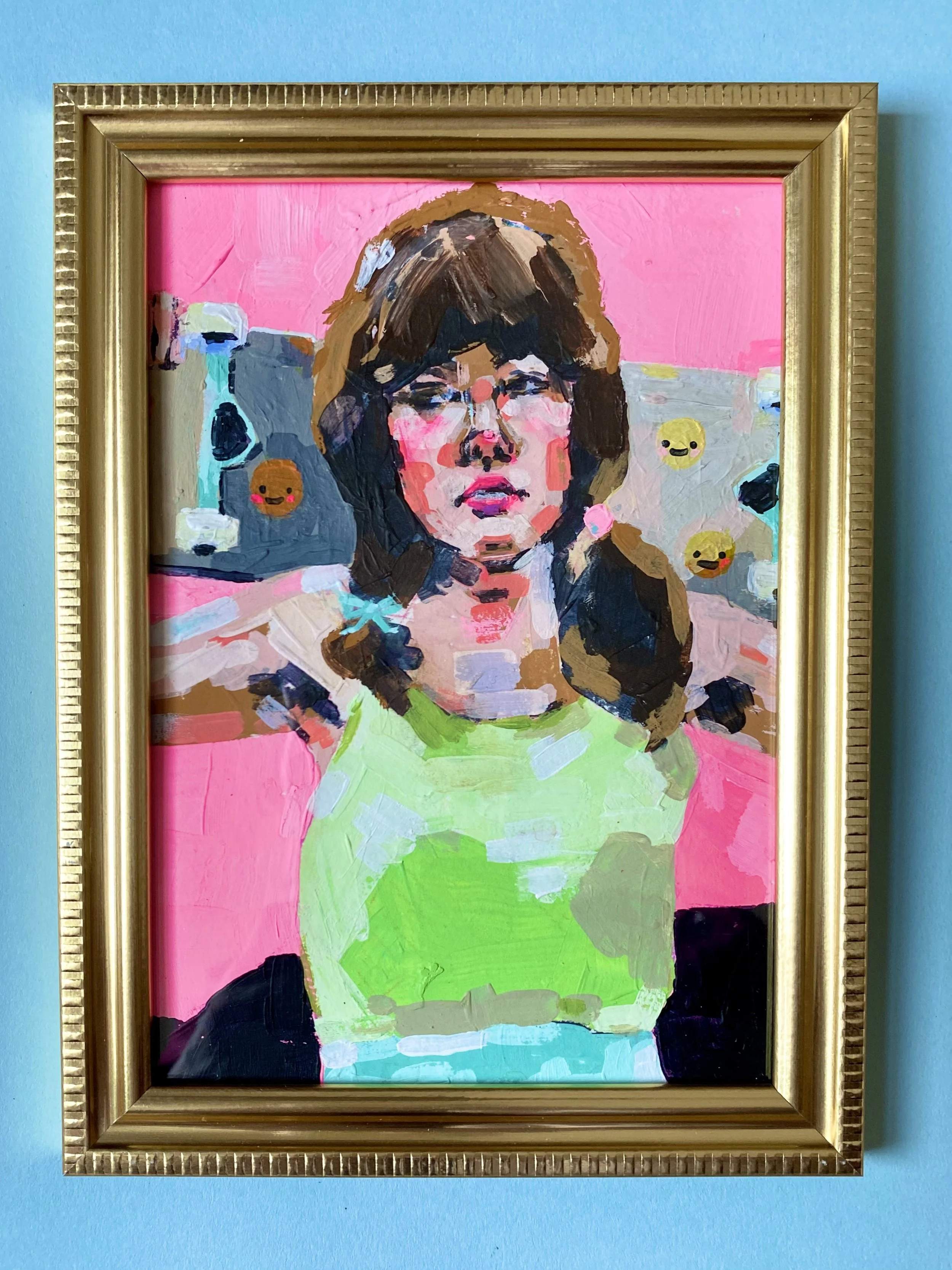 Painted portrait of a young girl with glasses and brown hair in pigtails, with a pink background and emoji-like faces surrounding her.