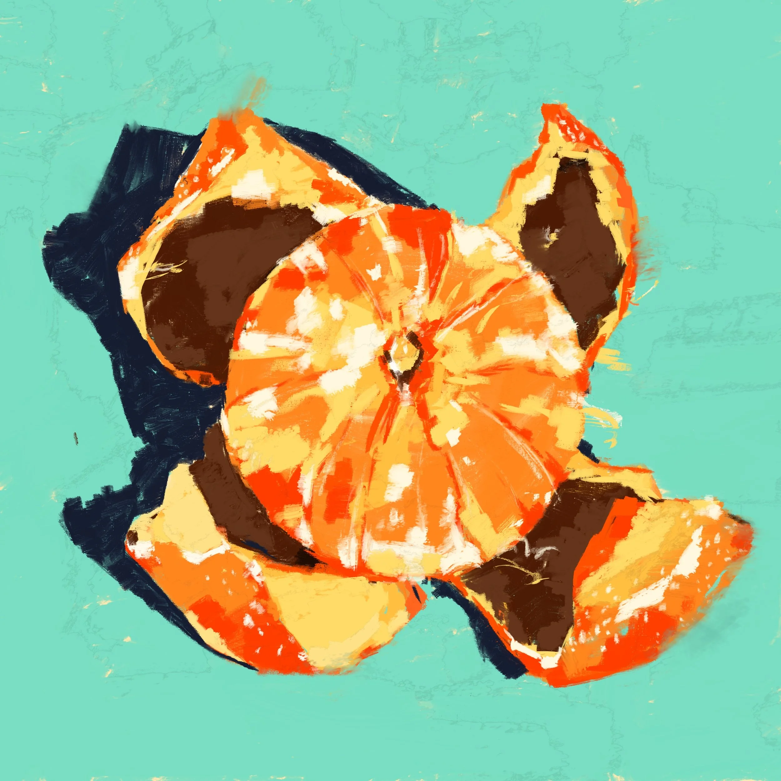 Abstract painting of two volcanoes erupting with orange and yellow lava against a teal background.