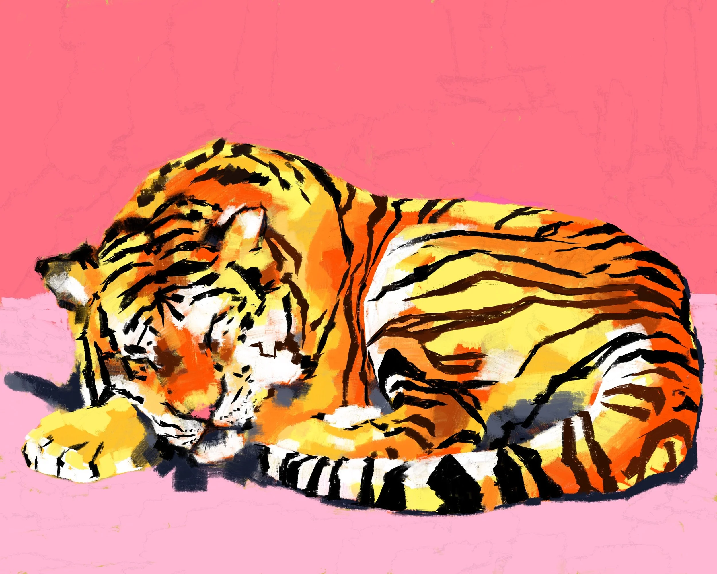 Painting of a tiger lying down on a pink background.