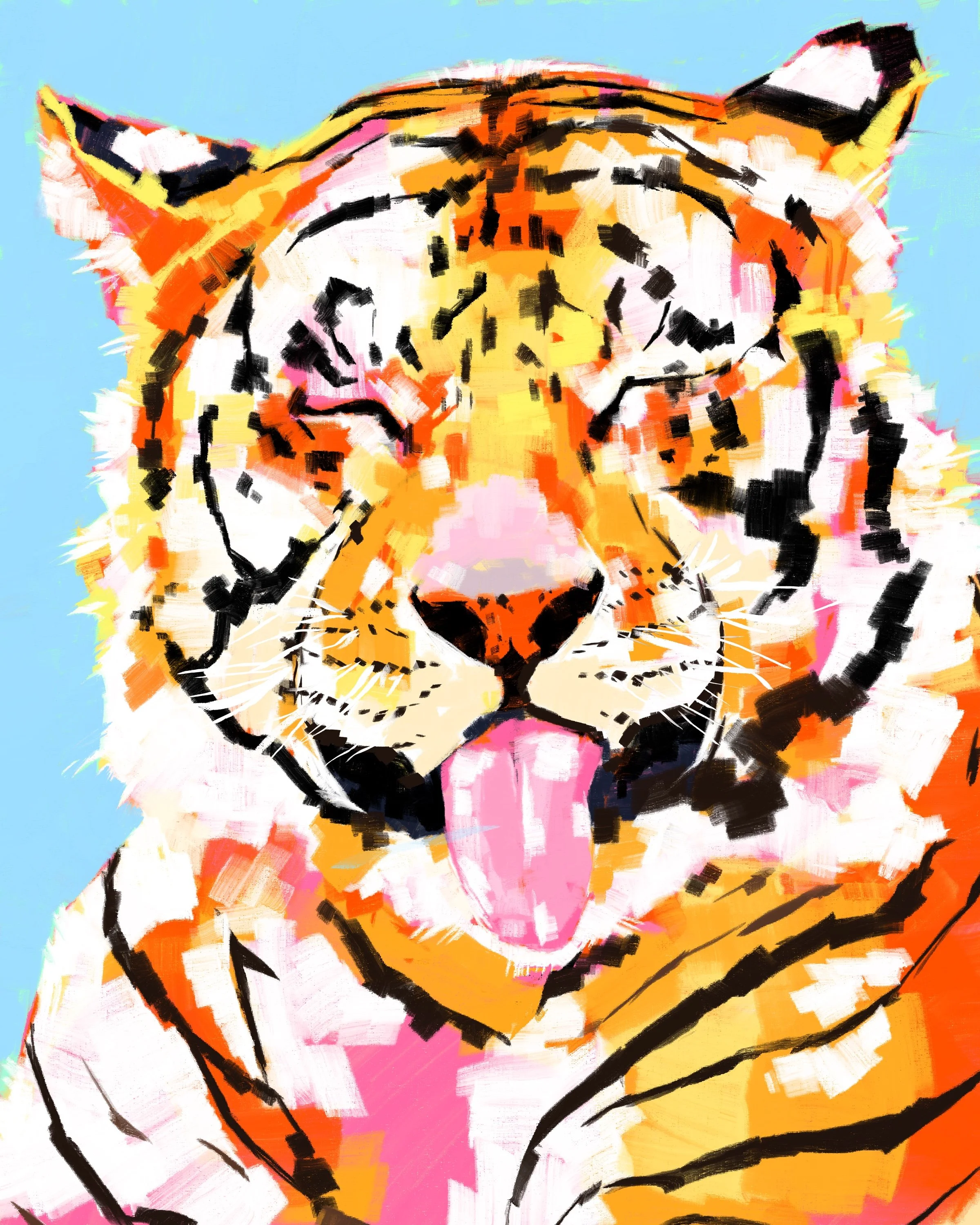 Abstract digital painting of a woman's face with closed eyes, using bold strokes and vibrant colors, depicting serenity or inner peace.