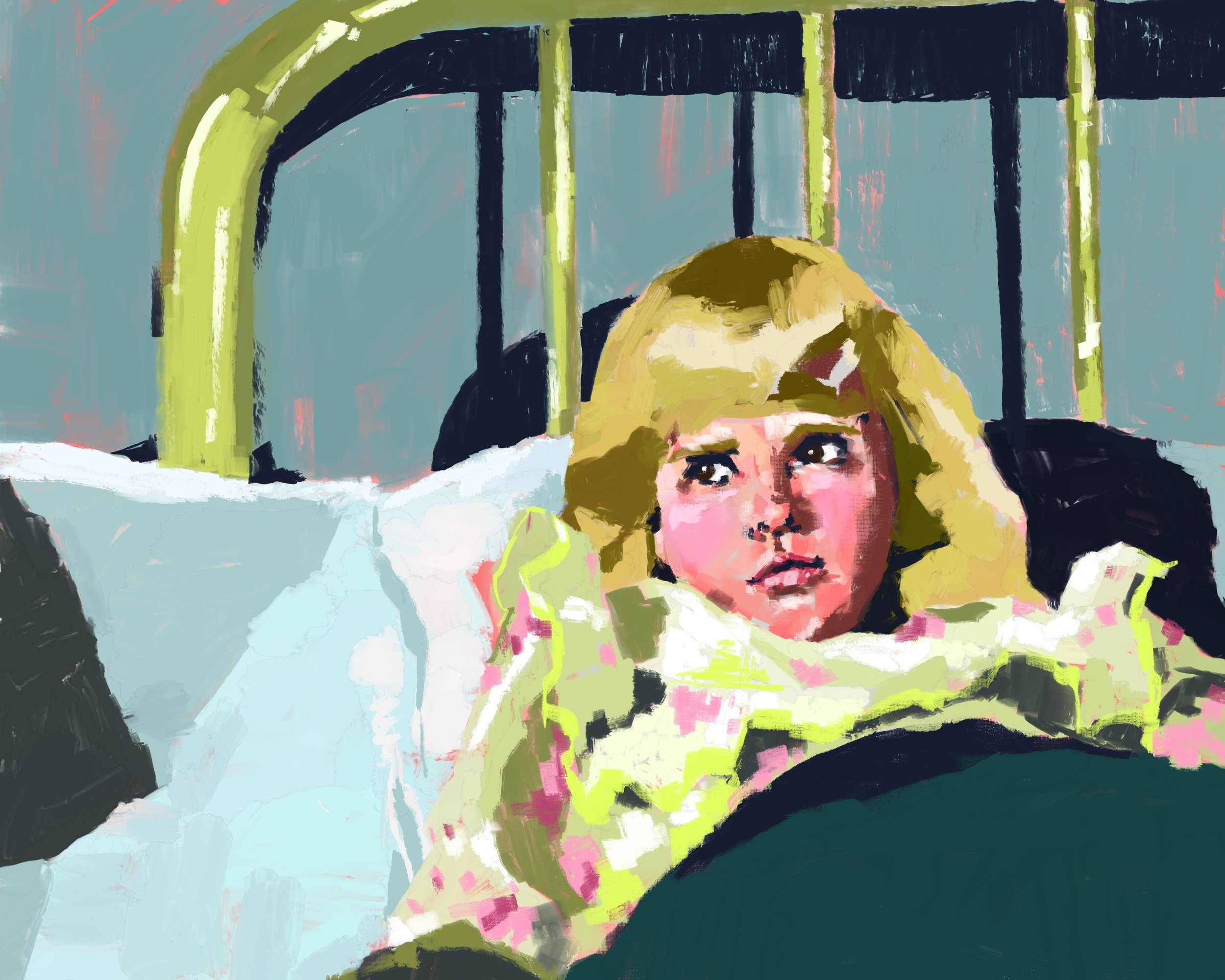 Drawing of a child with blonde hair and big eyes, resting her head on her hand, sitting in front of a light blue background with a large dark shape, possibly a stage or window, and a green arch.