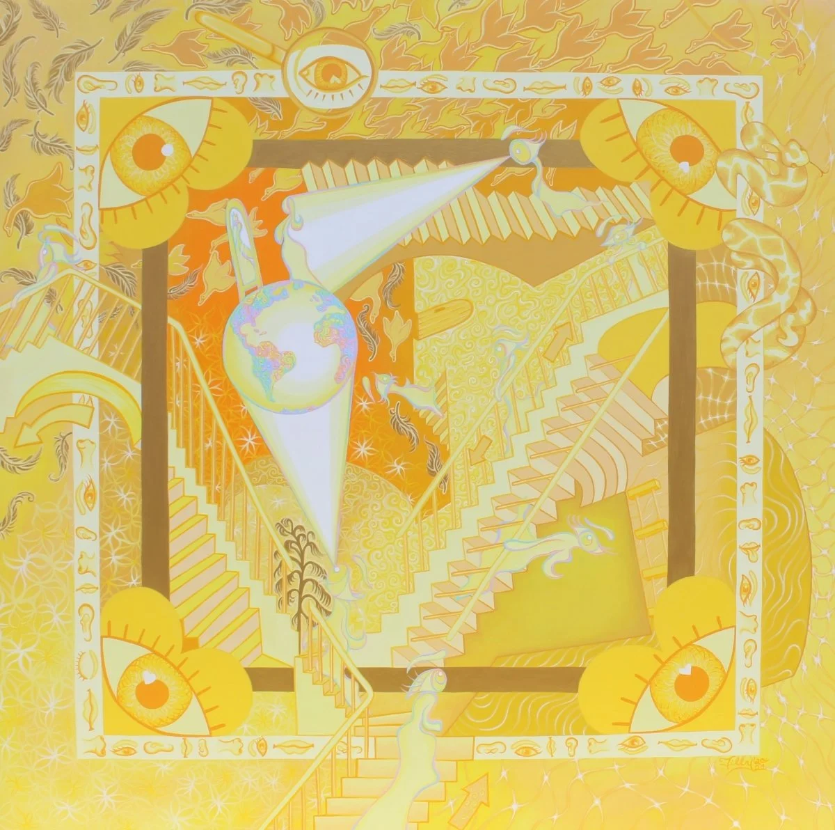 A surreal, predominantly yellow abstract artwork featuring multiple staircases, eyes, and celestial symbols, with a globe at the center and various fantastical elements.