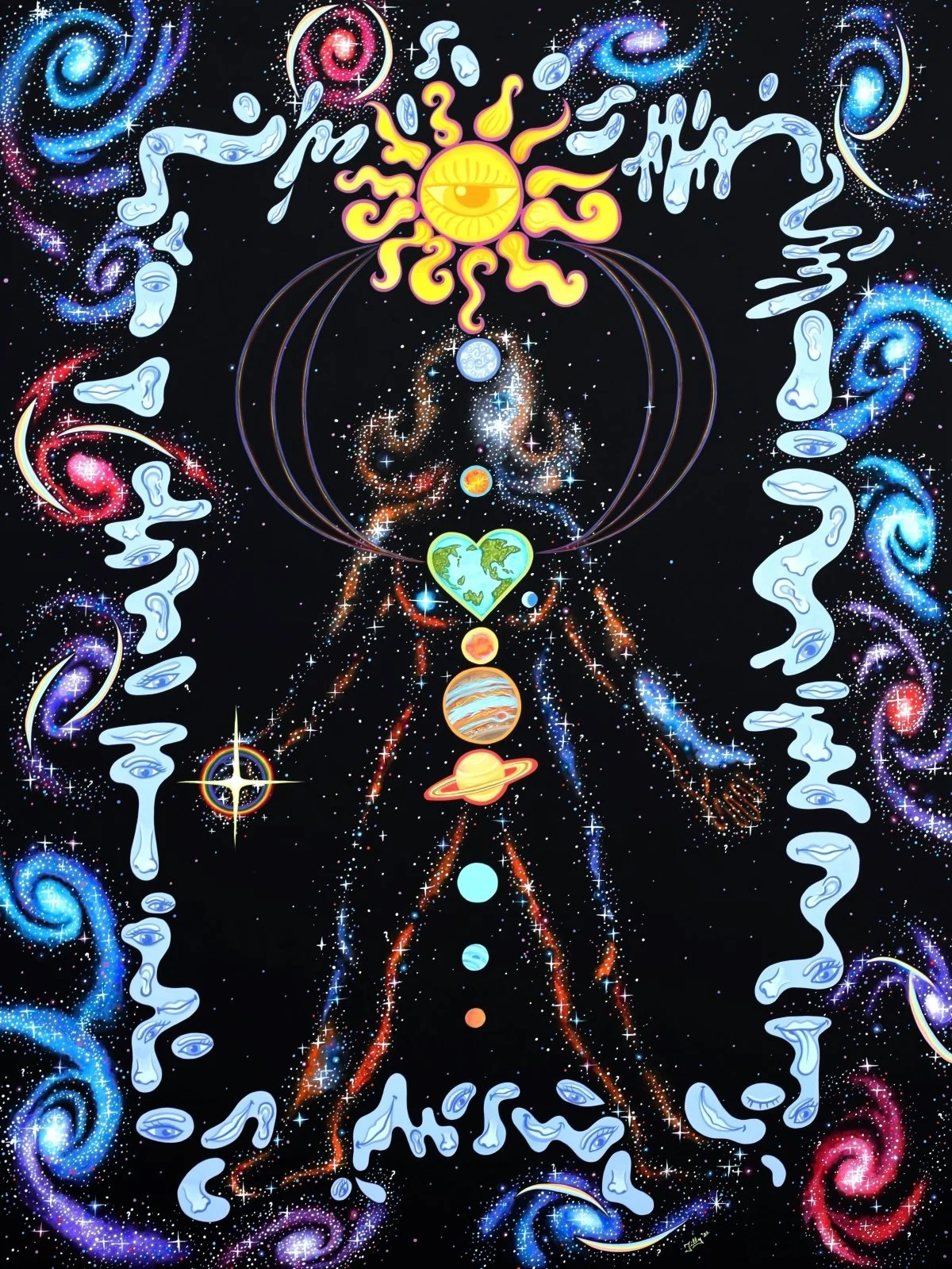 Colorful cosmic artwork depicting the solar system with planets aligned vertically, a heart-shaped Earth, and a sun with an eye in the center, surrounded by galaxies, stars, and surreal face-like shapes.