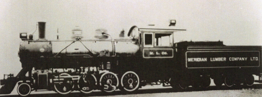 Black and white photo of a vintage steam locomotive with a tender car labeled 'Meridian Lumber Company Ltd.'