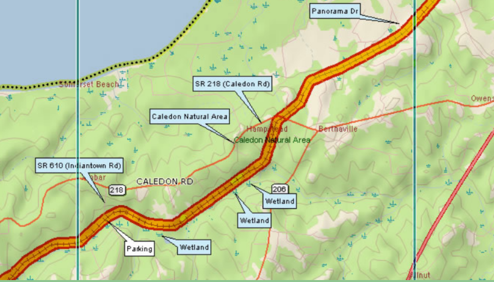 Map showing Caledon Road, SR 218, SR 610, and Highway 206, with labels for Caledon Natural Area, Wetland, Sunset Beach, and Panorama Drive, along with areas labeled Hamptown and Berthaville.