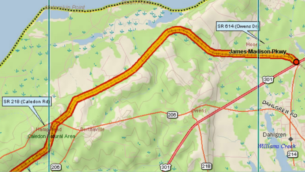 Map showing roads and highways in a rural area, highlighting James Madison Parkway and Caledon Road, with green areas indicating forests, blue water bodies, and various labels for roads and natural areas.