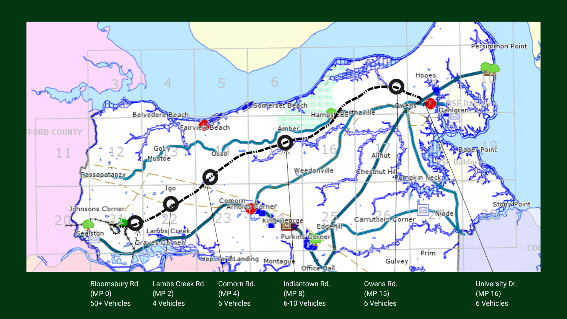 Map showing a section of a transportation route with roads, landmarks, and vehicle counts, including locations like Belvedere Beach, Somerset Beach, and Dhahran, with various symbols and color-coded features.