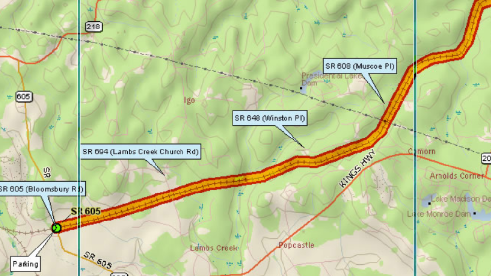 Map showing roads SR 605, SR 694, SR 648, SR 608, and SR 218 near Lambs Creek and President Lake in the area around Lambs Creek Church Road and Kings Highway.