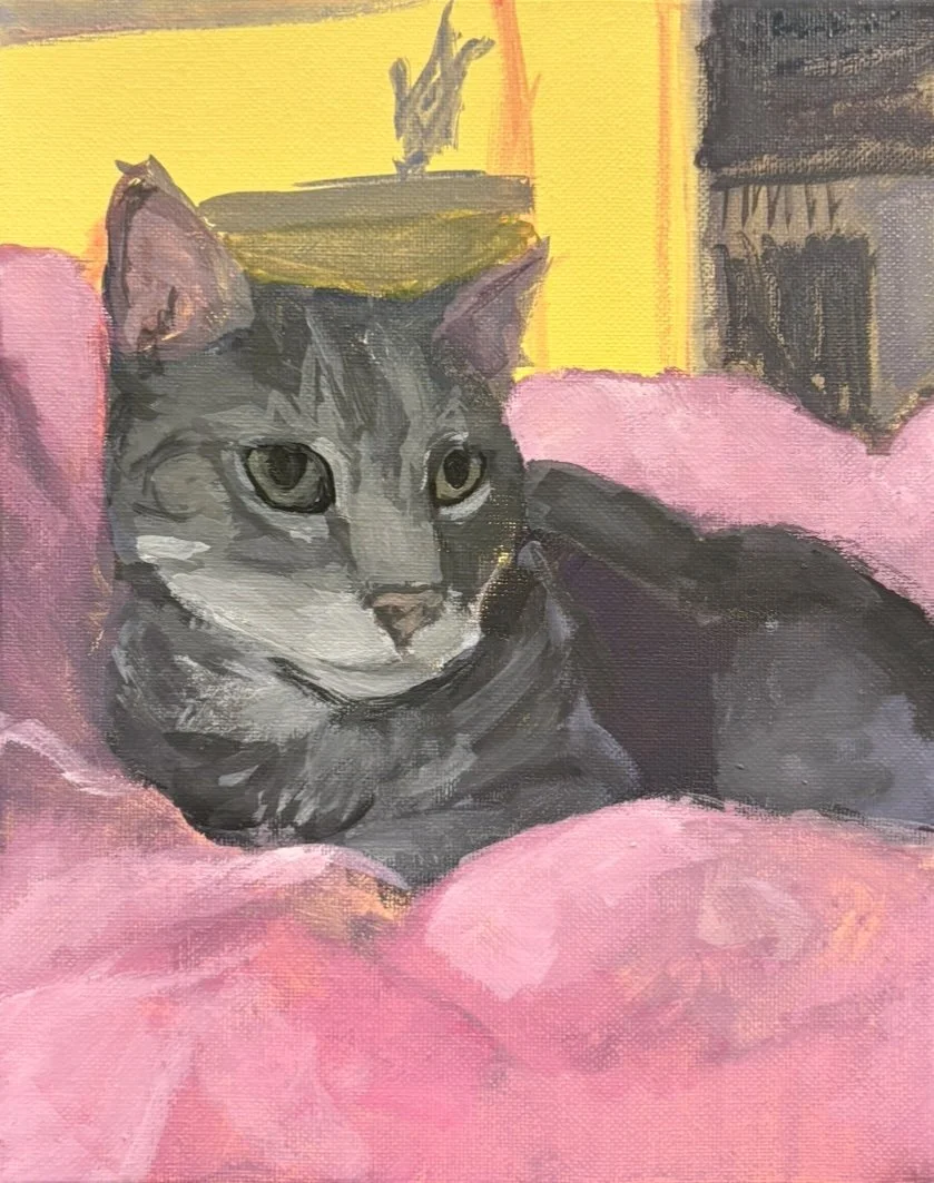 '106 Rebecca on the Bed', 2025. Gouache on canvas, 8 x 10 in. 