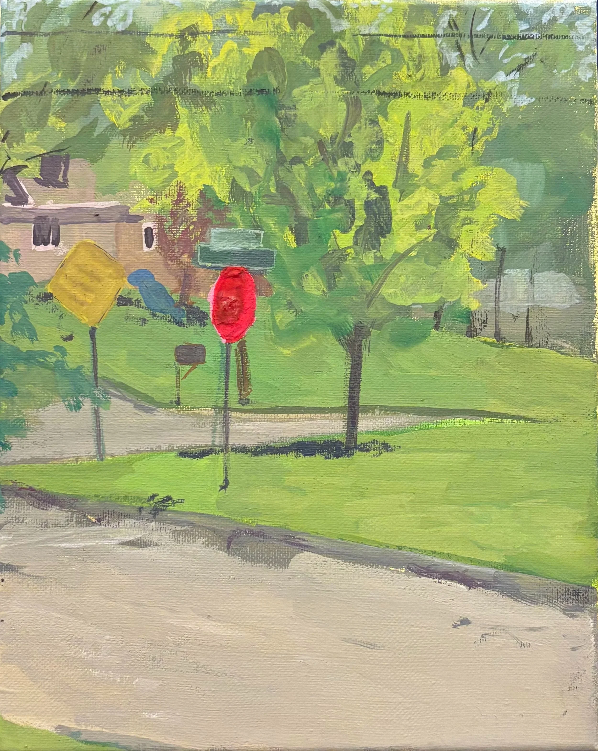 'Corner of Friar Tuck and Nottingham', 2025. Gouache on canvas, 8 x 10 in. 