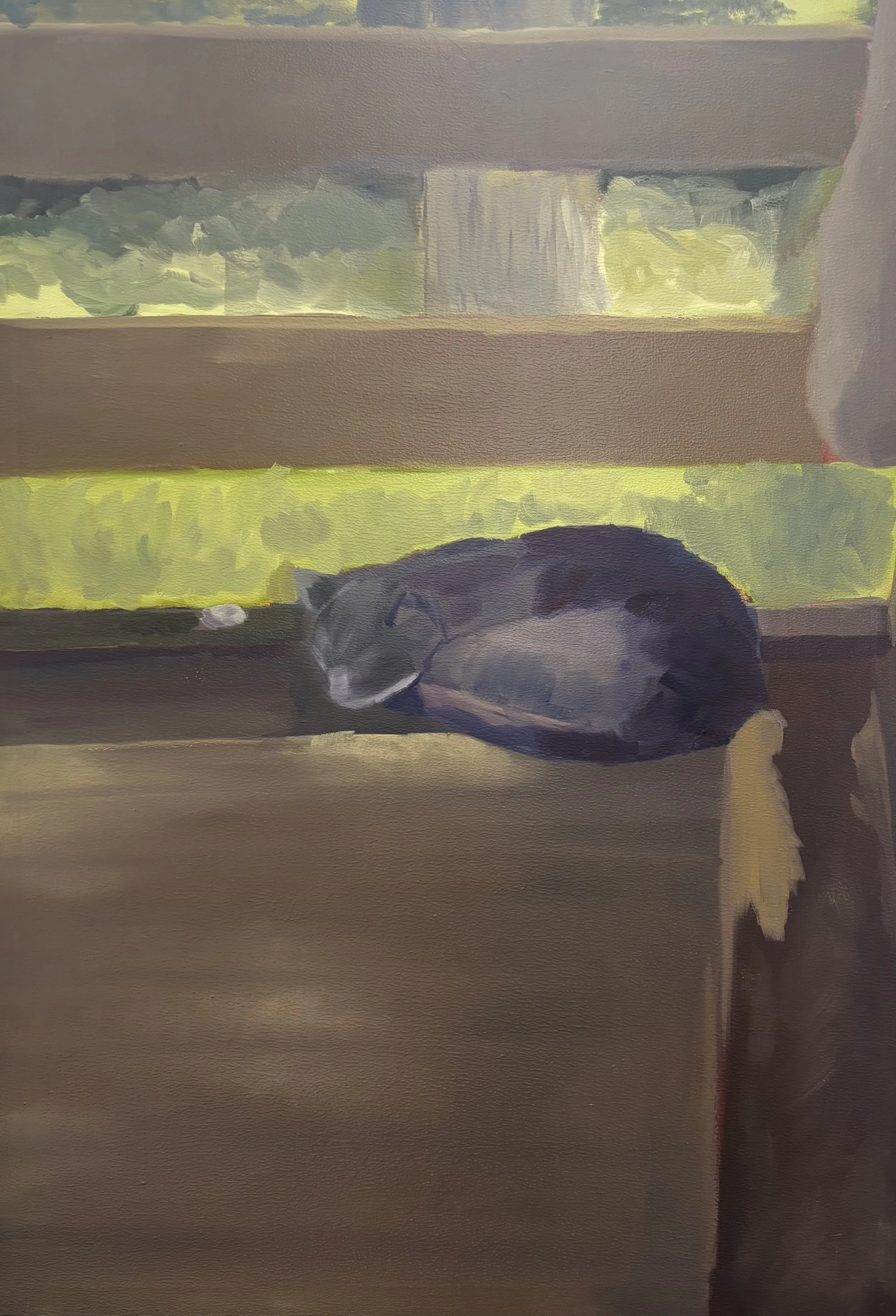 '83 Rebecca on the Back Deck', 2025. Oil on canvas, 28 x 40 in. 