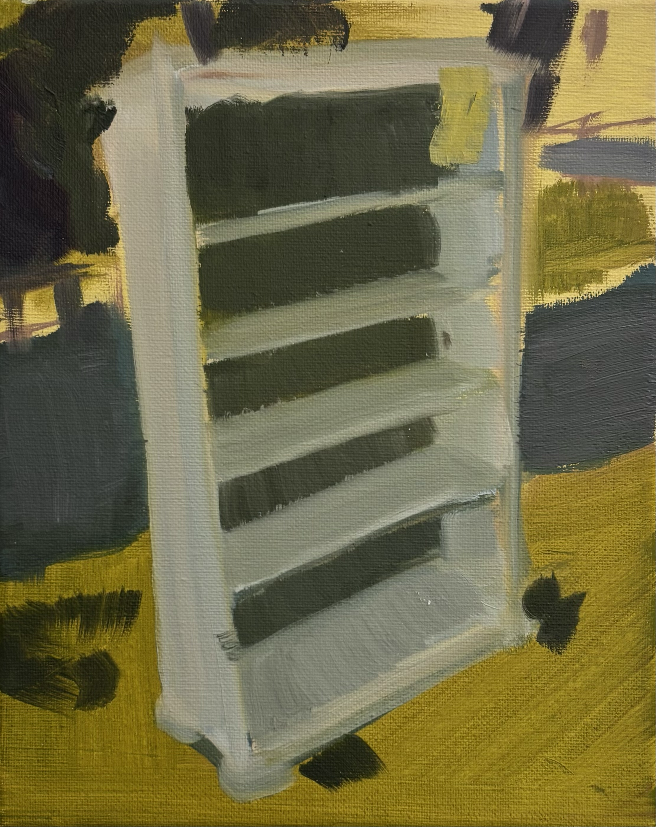 '106 Bookshelf on the Driveway', 2025. Oil on canvas, 
