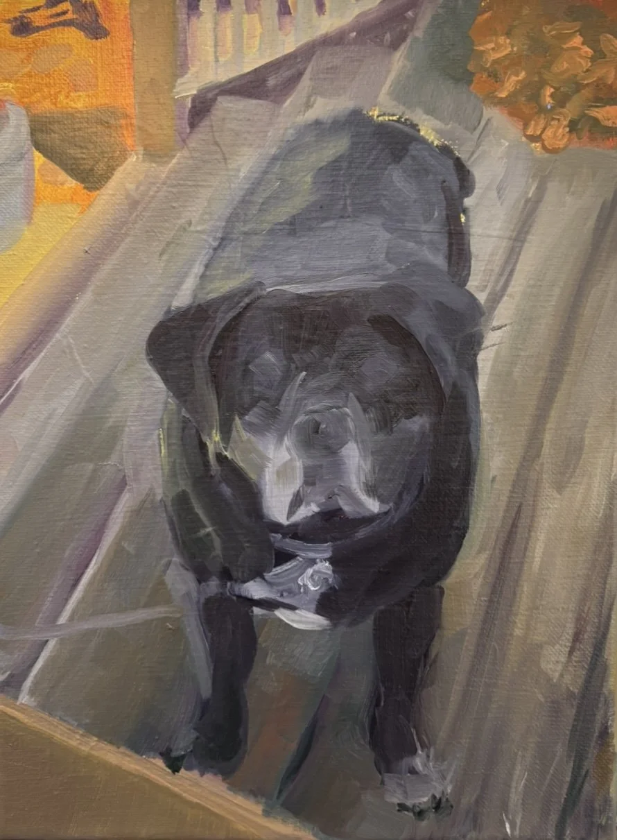 '83 Max on the Front Porch', 2025. Oil on canvas, 9 x 11 in. 