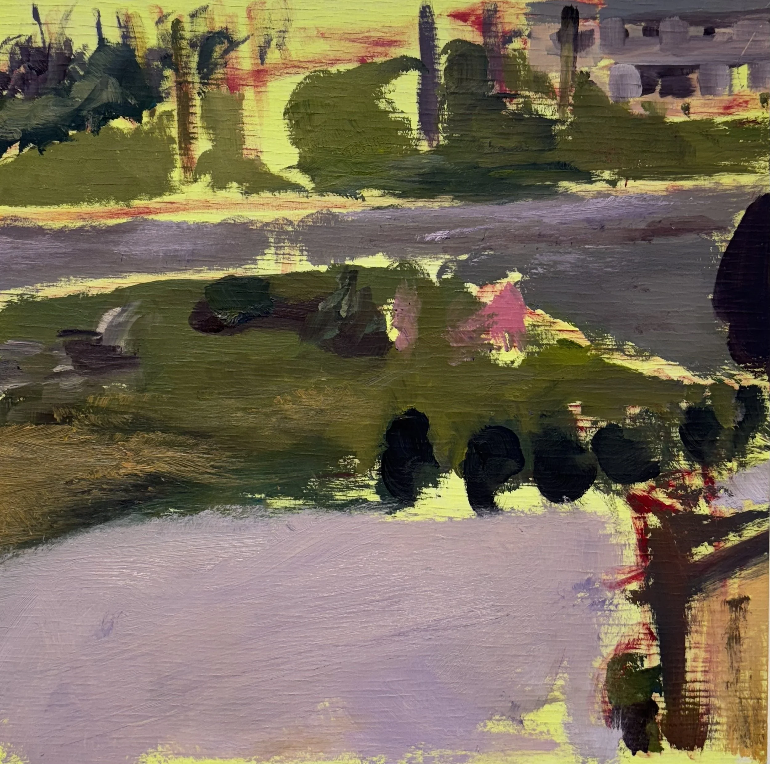 '83 Banany and DW in the Front Yard', 2025. Oil on wood panel, 10 x 10 in. 