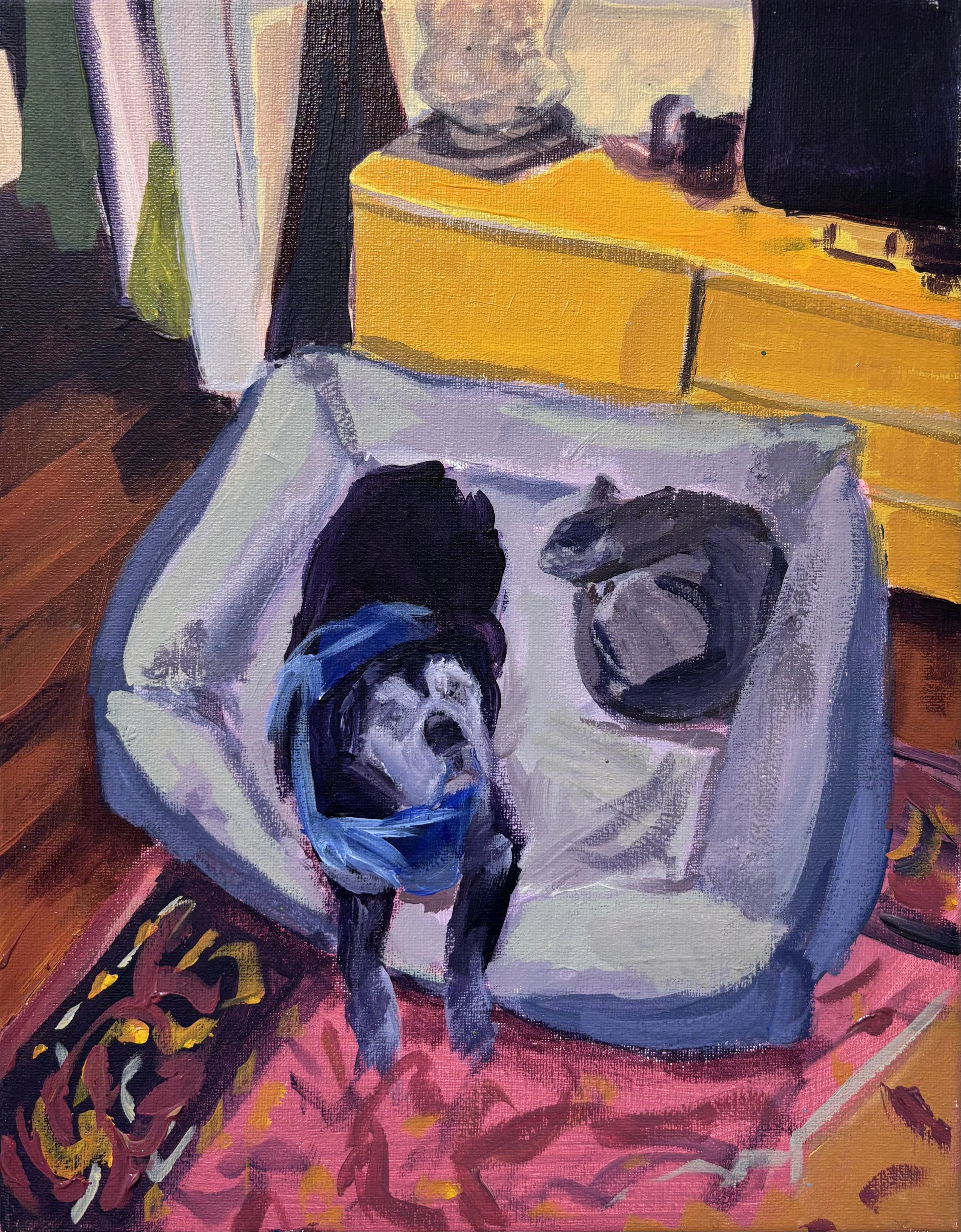 '65 Max and Molly on the Dog Bed', 2025. Acrylic on canvas, 11 x 14 in. 