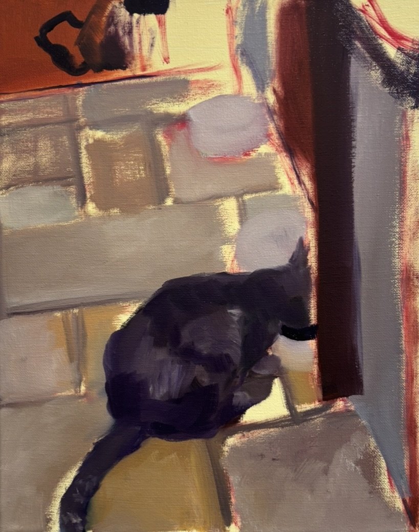 '83 Gray Cat in the Kitchen', 2025. Oil on canvas, 11 x 14 in.