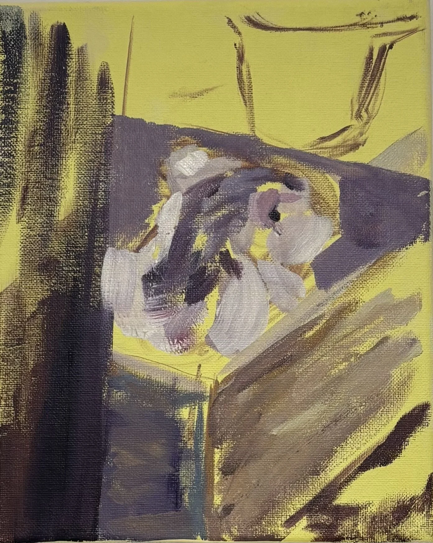 '83 Handsome in a Box on the Front Porch', 2025. Oil on canvas, 8 x 10 in. 