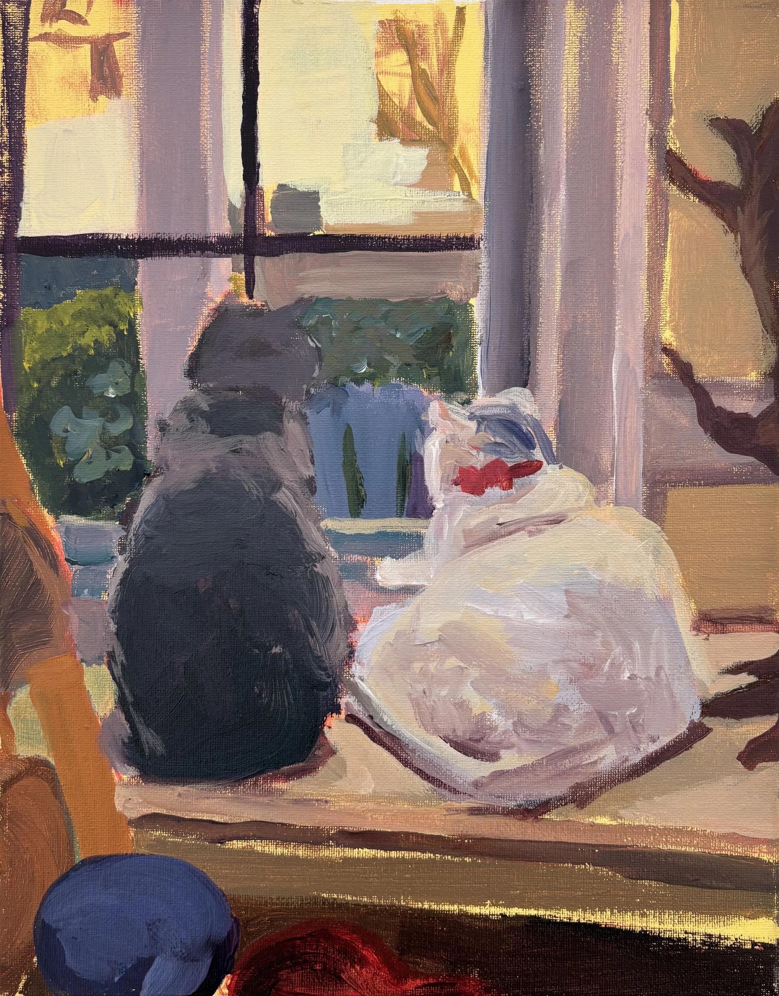 '65 Molly and Handsome in the Window', 2025. Acrylic on canvas, 11 x 14 in. 