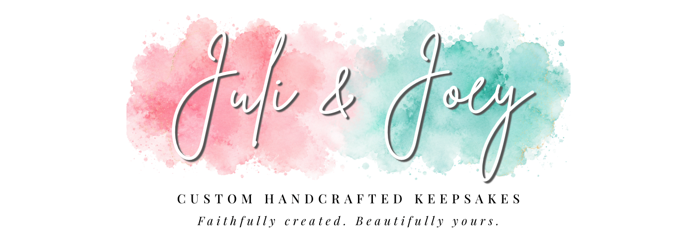 Watercolor background with pink and green hues, featuring the text 'Juli & Joy' in cursive font.