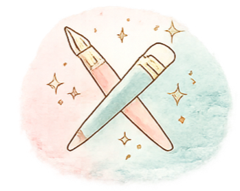 A watercolor-style illustration of a pink pen and a light blue pen crossing each other, surrounded by small gold stars.