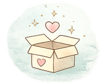 A sketch of an open cardboard box with a pink heart on its front, surrounded by small stars and a hanging pink heart, on a textured light blue background.