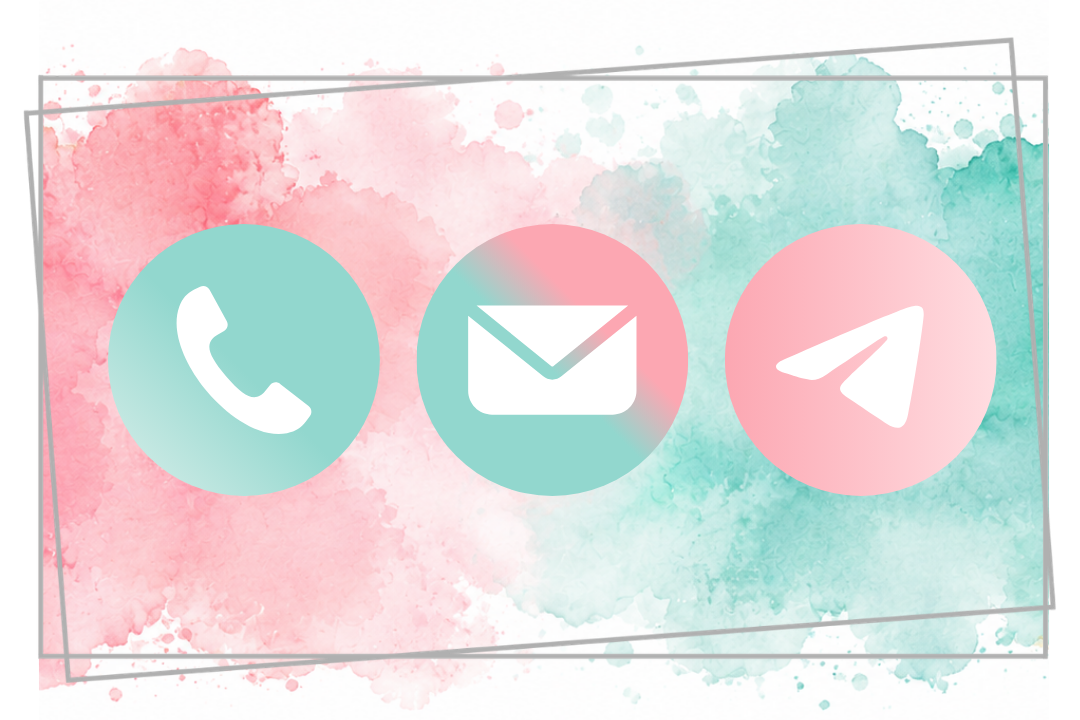 Screenshot of a contact interface with three round icons: a teal phone icon on the left, a teal email icon in the center, and a pink paper plane icon on the right, all on a pink and teal watercolor background.