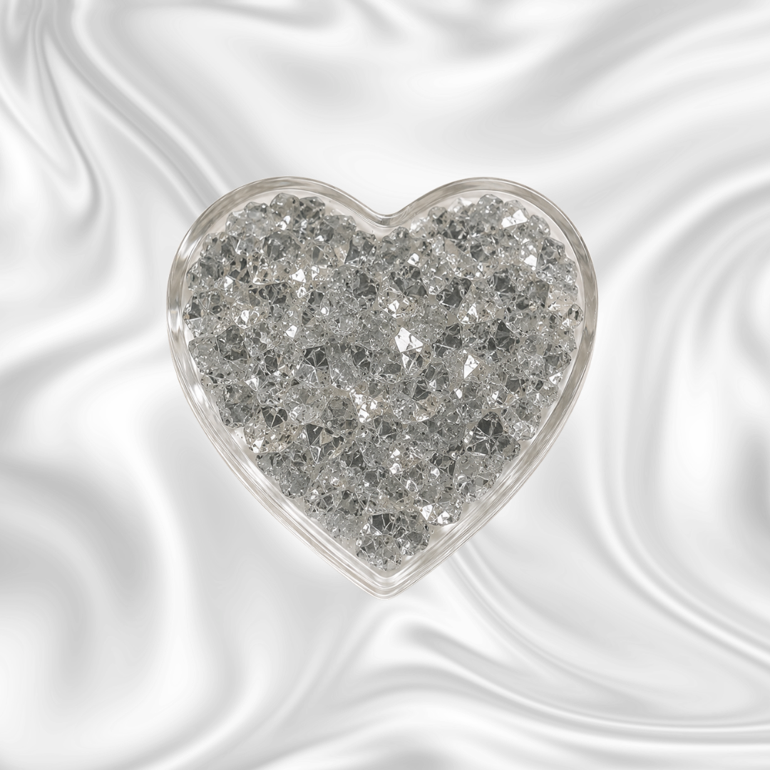A heart-shaped container filled with small, clear, faceted crystals against a black and gray marbled background.